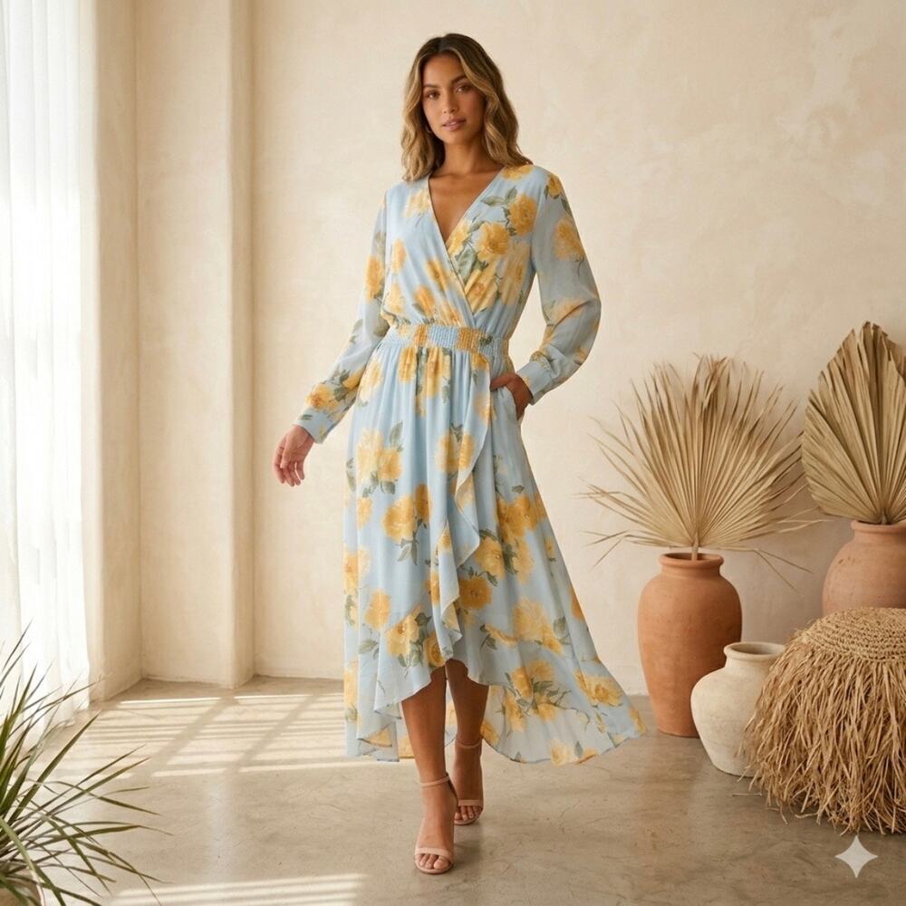 ENFOCUS Floral Boho Maxi Hi Low Dress 20w Peasant Blue Yellow Romantic Flowy EUC